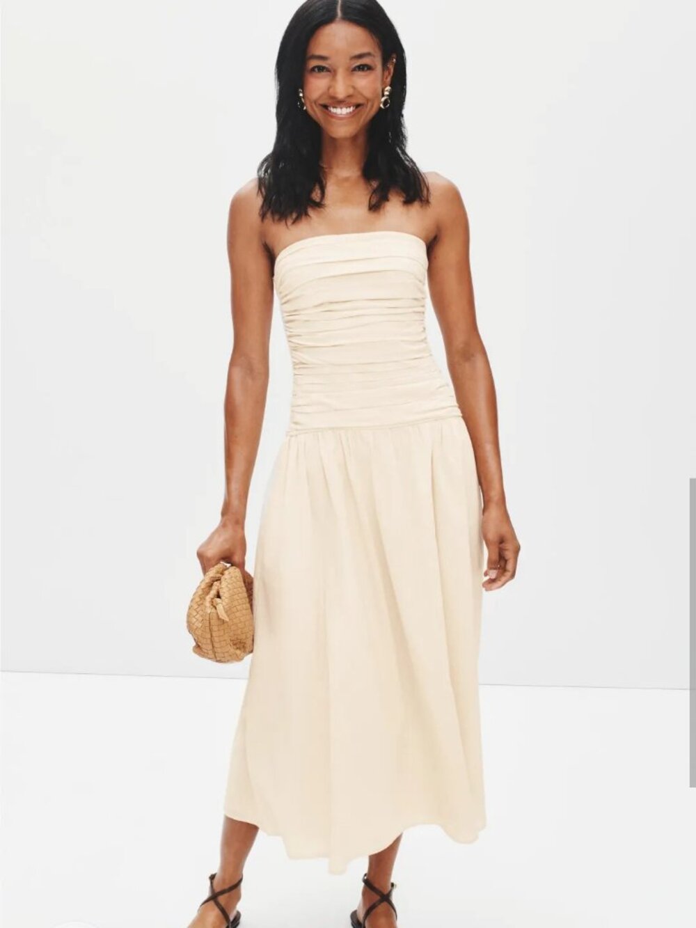 Moon River Strapless Ruched Detail Midi Cotton Dress Size Small